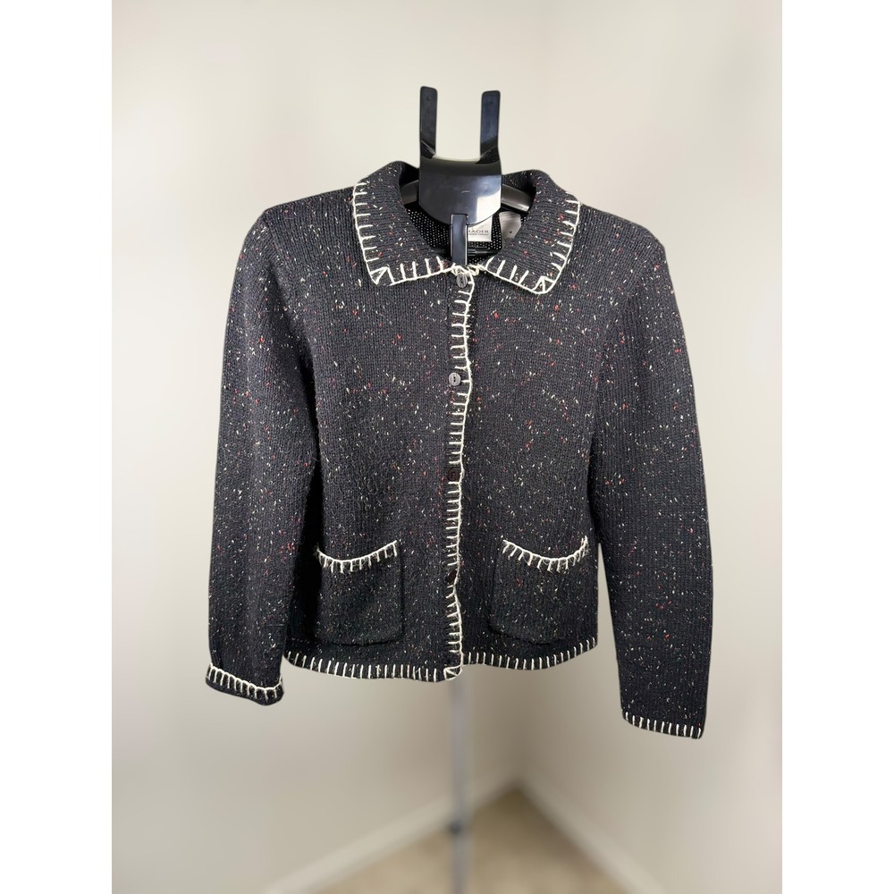Villager‎ Liz Claiborne Gray Speckled Confetti Knit Blanket Stitch Cardigan M